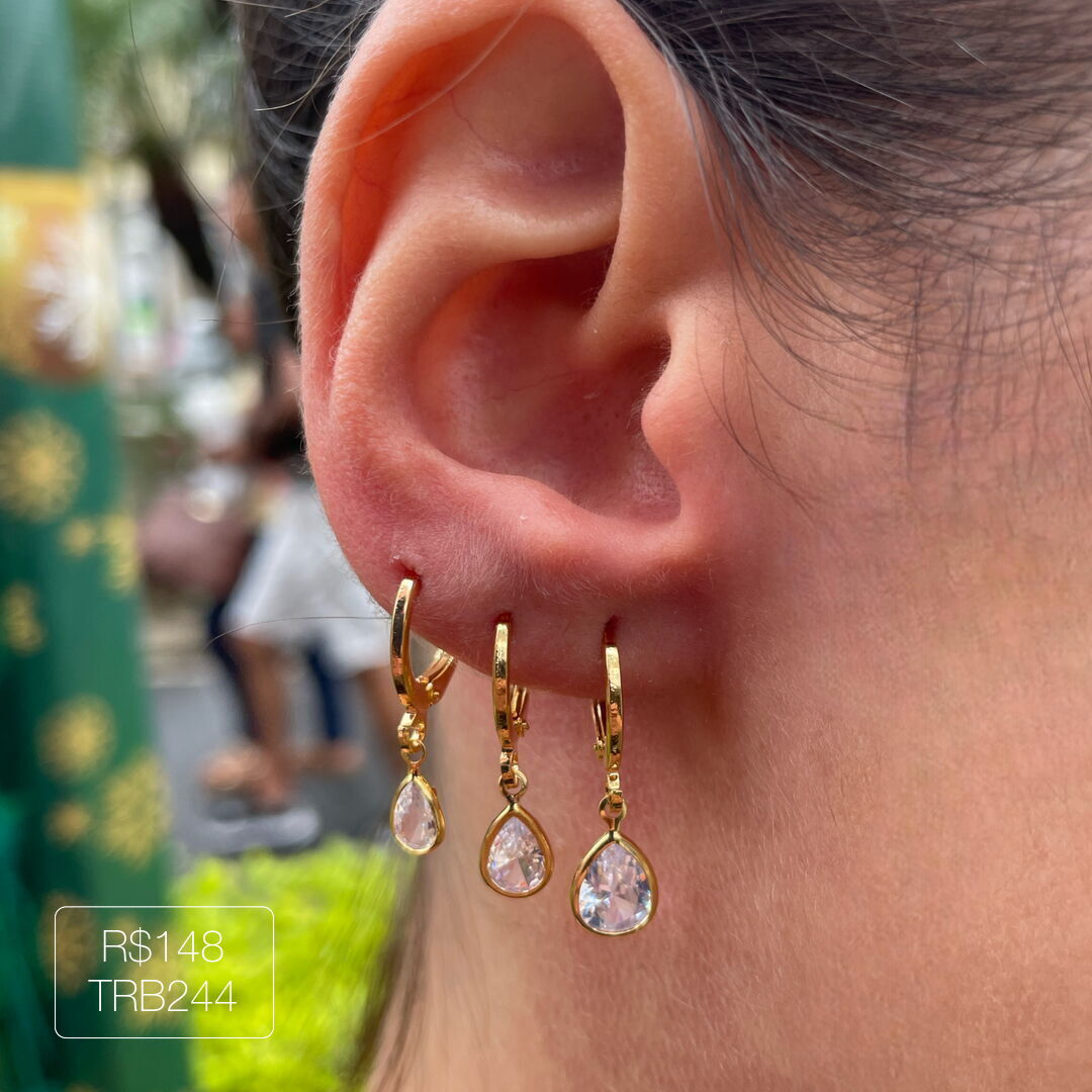 Trio Argola c/ Gota Cristal Pendurado Dourado